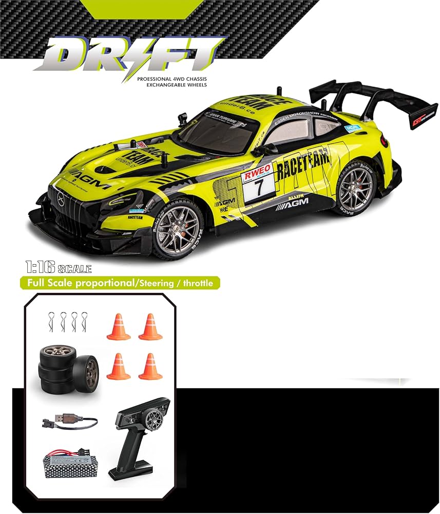 Super GT 1:16 Scale RC Drift Car, 30KM/H 2.4G High-Speed Racer with LED Lights, Extra Wheels & Off-Road Tyres