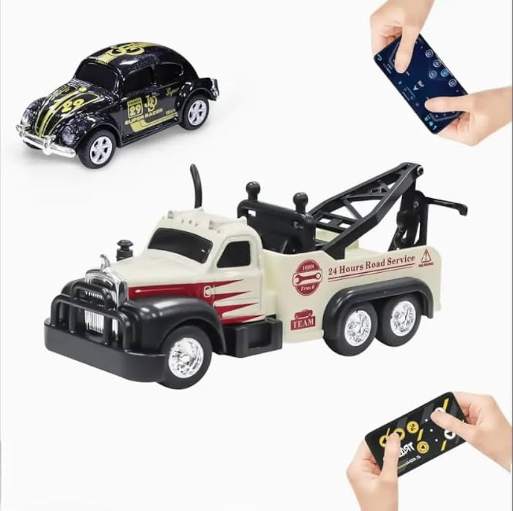 SS RC Tow Truck with Classic Car, 1:64 Scale Alloy Remote Control Road Service Vehicle, 2.4GHz, App Control, 3-Speed