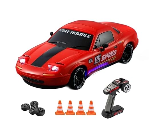 MAZDA & Ae86 POP UP RC Drift Car 1:24 Scale 4WD High-Speed Remote Control Car with LED Lights 2.4GHz Rechargeable Drift Racing Car with Extra Tires & Cones Toy for kids
