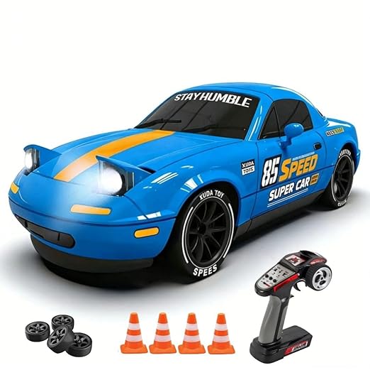 MAZDA & Ae86 POP UP RC Drift Car 1:24 Scale 4WD High-Speed Remote Control Car with LED Lights 2.4GHz Rechargeable Drift Racing Car with Extra Tires & Cones Toy for kids