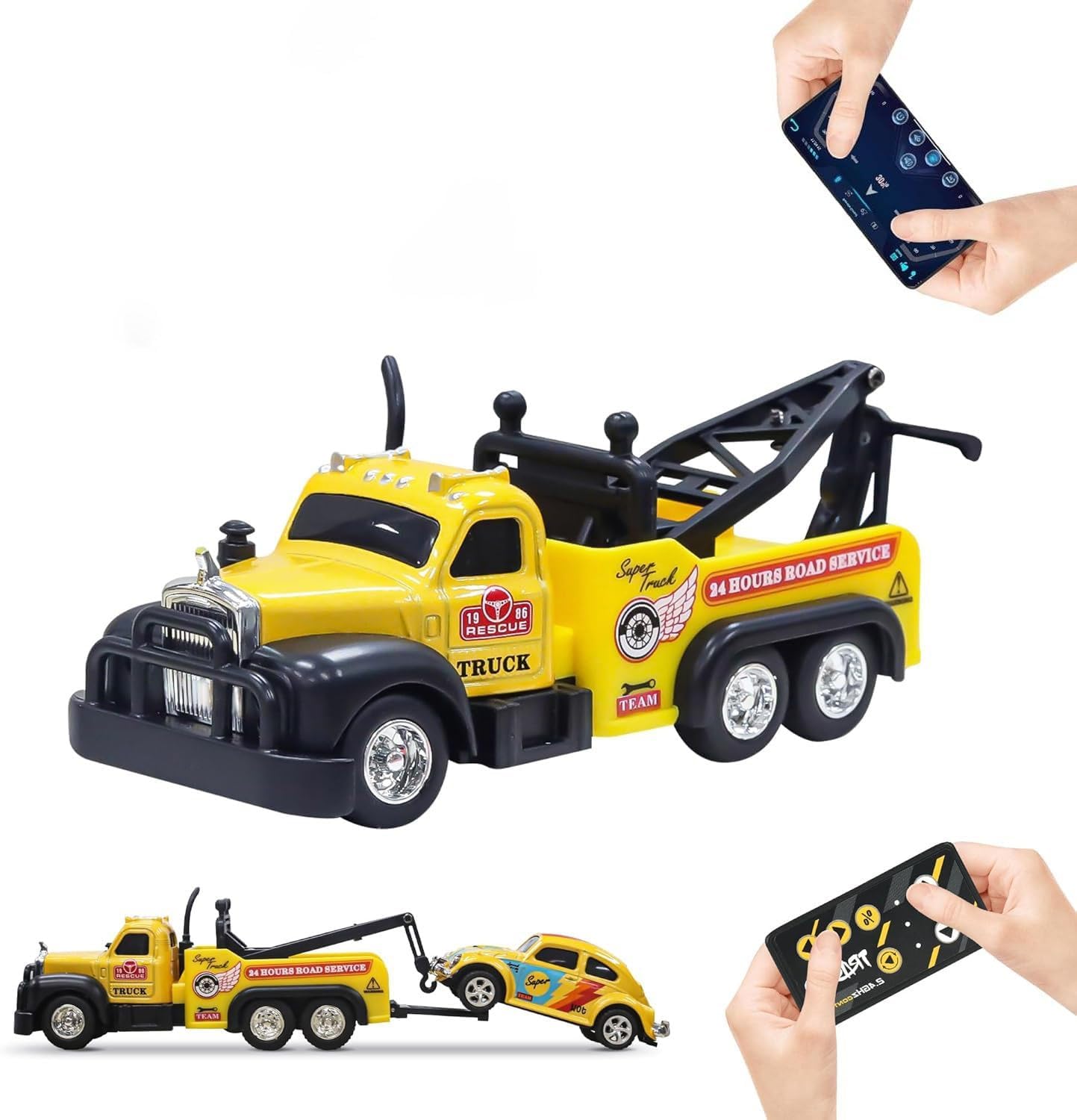 SS RC Tow Truck with Classic Car, 1:64 Scale Alloy Remote Control Road Service Vehicle, 2.4GHz, App Control, 3-Speed