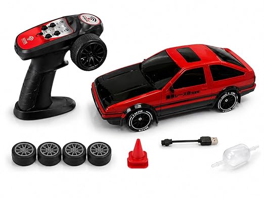 MAZDA & Ae86 POP UP RC Drift Car 1:24 Scale 4WD High-Speed Remote Control Car with LED Lights 2.4GHz Rechargeable Drift Racing Car with Extra Tires & Cones Toy for kids