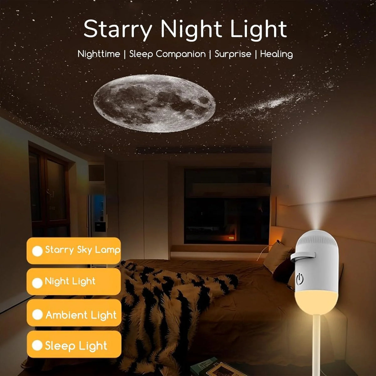 USB Mini LED Ceiling & Wall Starry Moon Light for Bedroom, Kids Room & Home Decor (6 Slide)