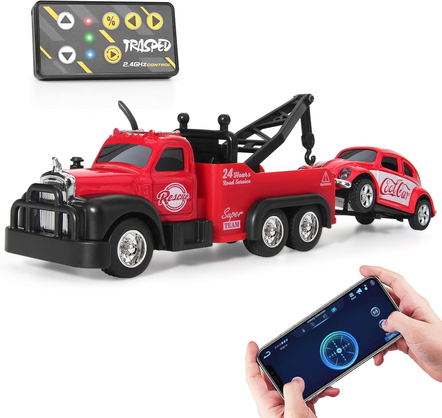 SS RC Tow Truck with Classic Car, 1:64 Scale Alloy Remote Control Road Service Vehicle, 2.4GHz, App Control, 3-Speed