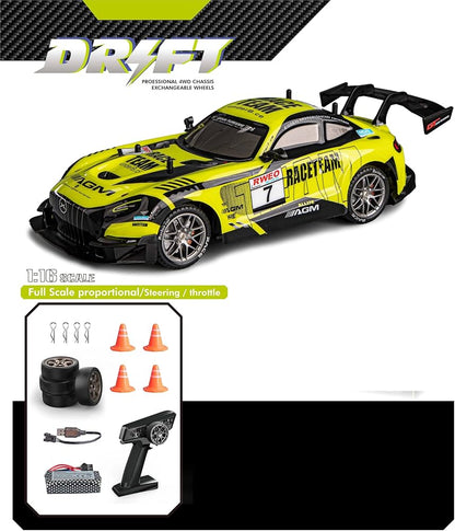 Super GT 1:16 Scale RC Drift Car, 30KM/H 2.4G High-Speed Racer with LED Lights, Extra Wheels & Off-Road Tyres