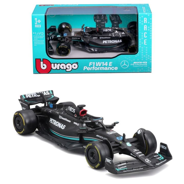 Bburago 1:43 scale die-cast model of the 2023 Mercedes-AMG Petronas F1 W14 E Performance car driven by George Russell.